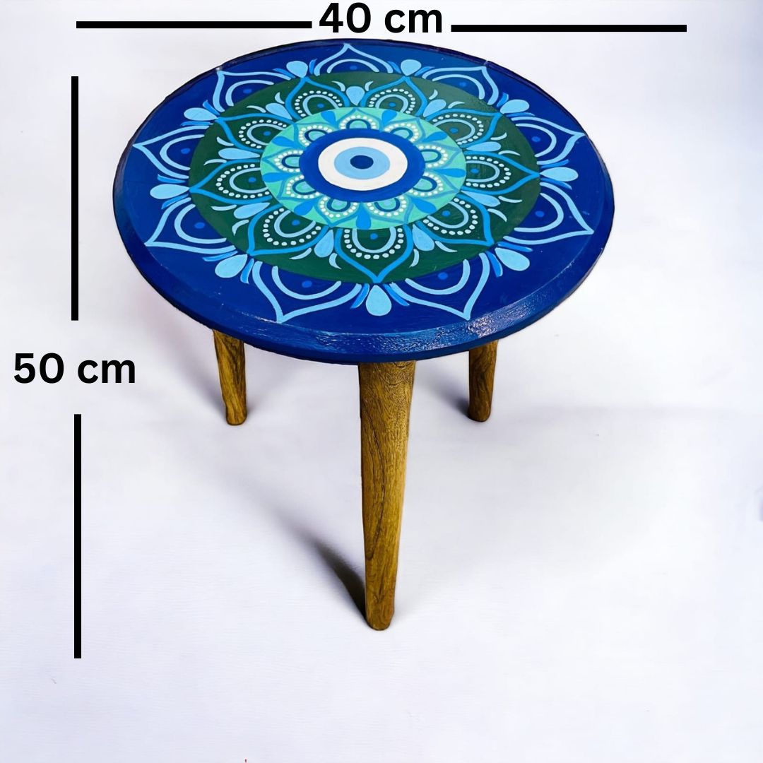 Blue Mandala Hand-Painted Wooden Side Table – Evil Eye Inspired Design