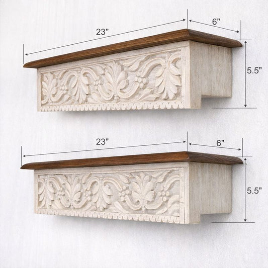Whitewashed carved wooden wall shelf with walnut top, handcrafted floral design floating shelf