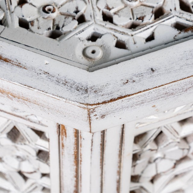 Whitewashed Hand-Carved Octagonal Coffee Table with Geometric Panels