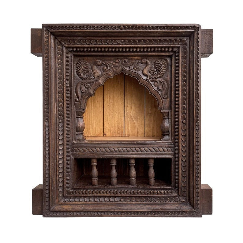 Elegant wall-mounted mandir shelf with brackets and brass detailing, crafted from premium solid wood. This mandir wall decor is perfect for pooja rooms, combining vintage aesthetics with modern functionality. Also suitable as a floating wood shelf for decorative purposes.