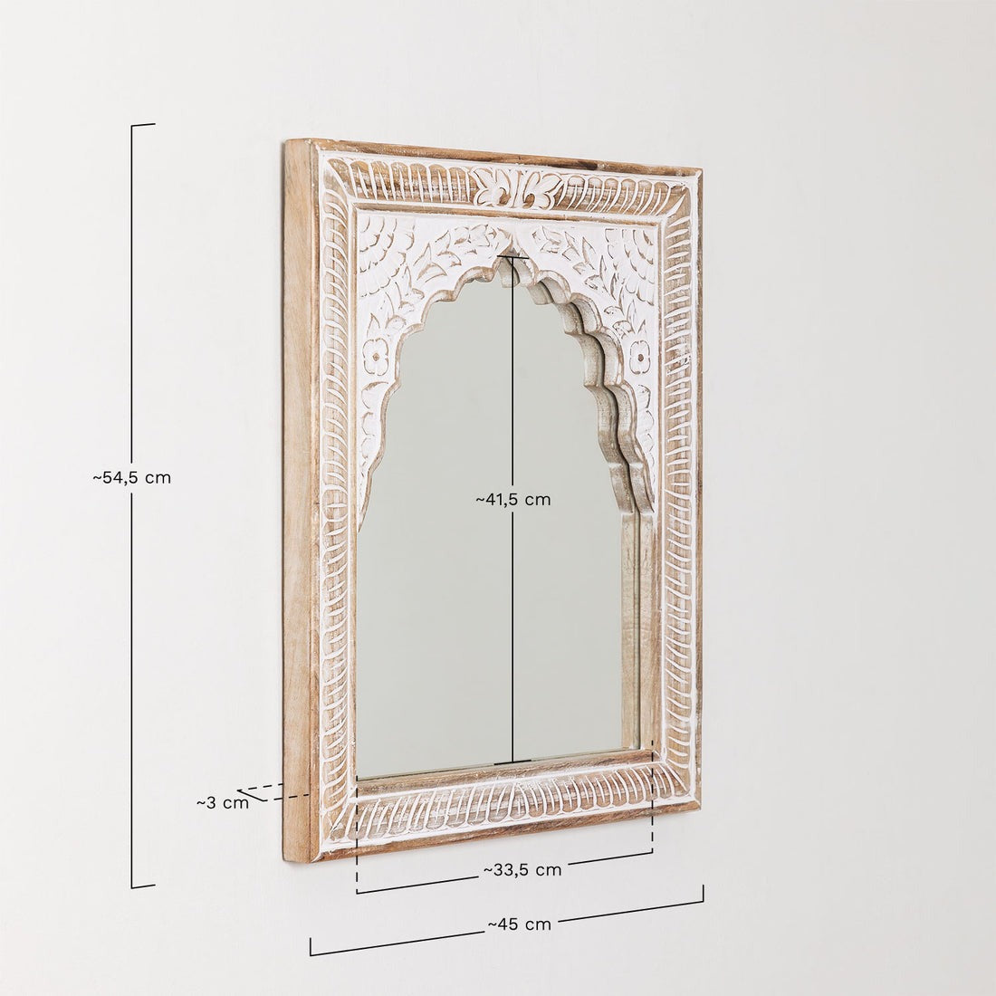 Antique-style Jharokha mirror with a whitewash wood finish, perfect for Victorian mirror-inspired bedroom or bathroom decor.