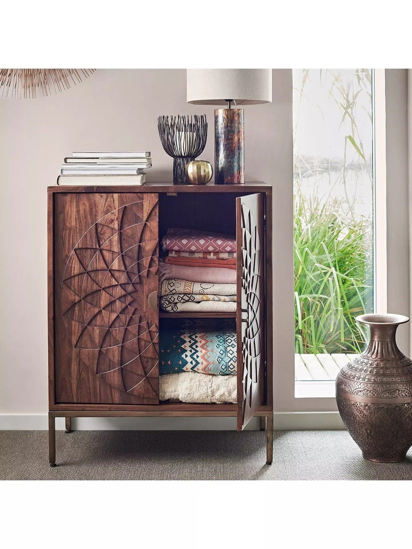 Hand-Carved Geometric Solid Wood Storage Cabinet with Brass Base