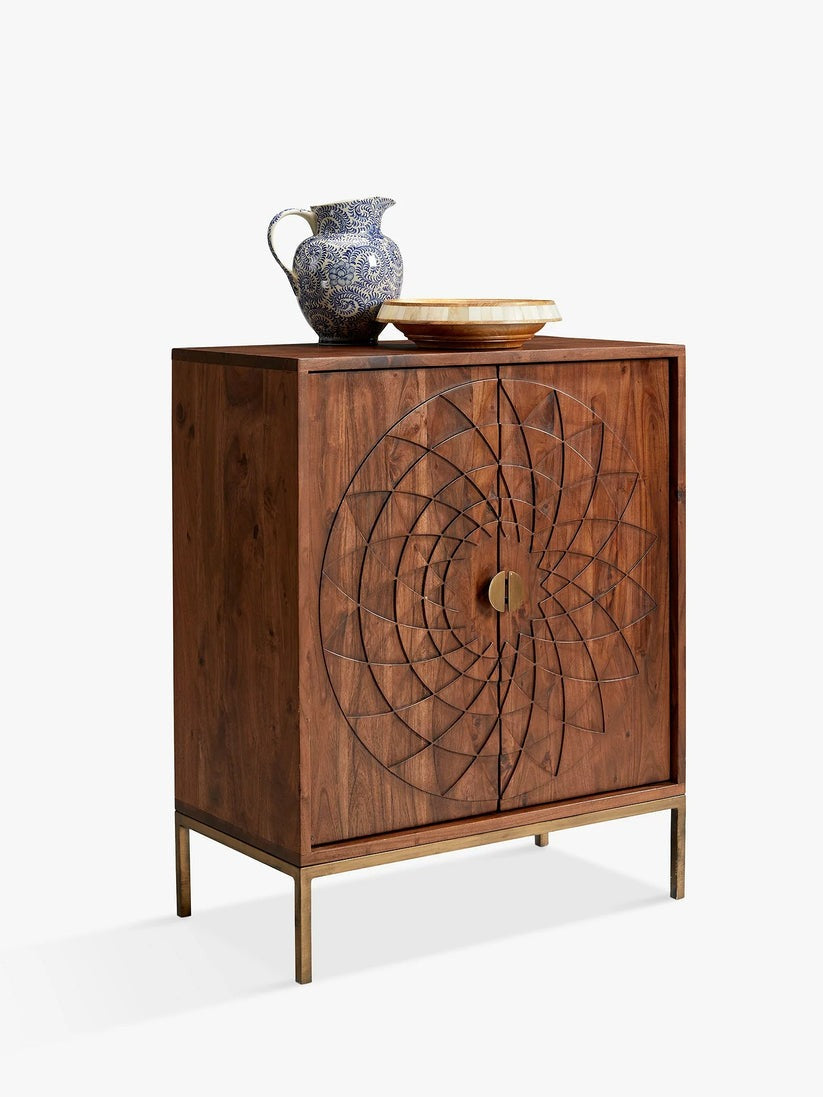 Hand-Carved Geometric Solid Wood Storage Cabinet with Brass Base