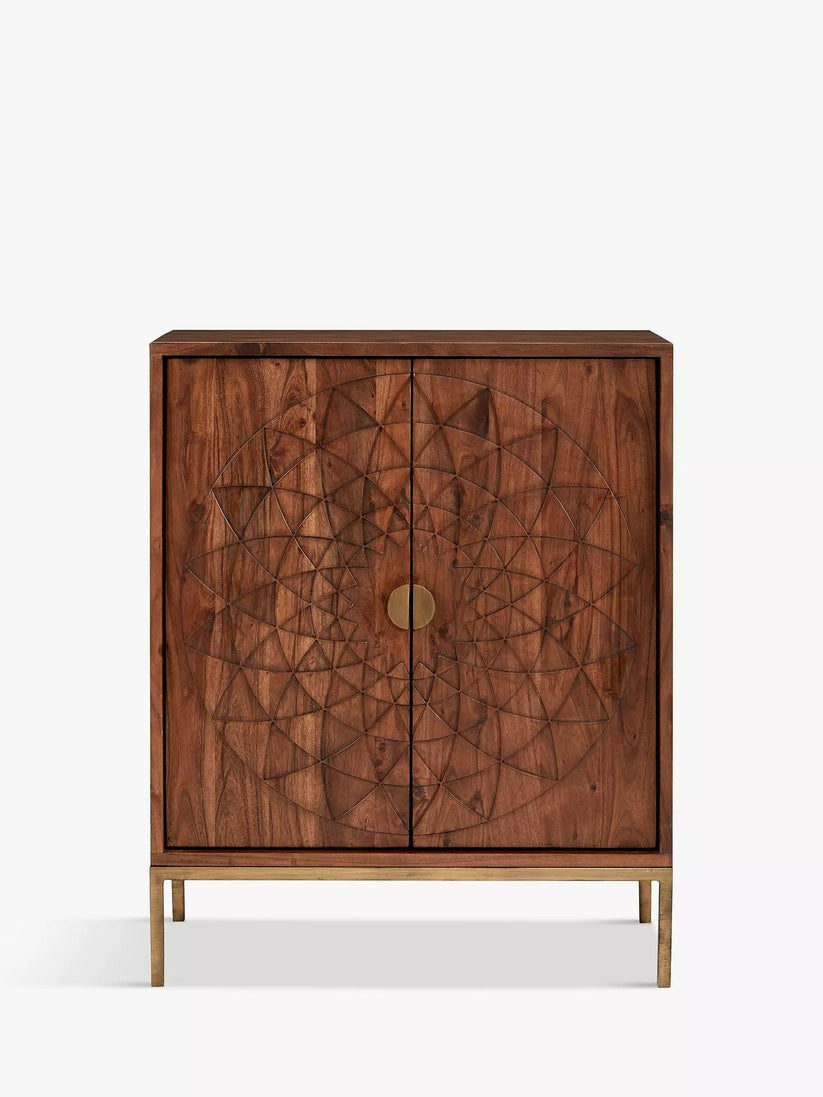 Hand-Carved Geometric Solid Wood Storage Cabinet with Brass Base