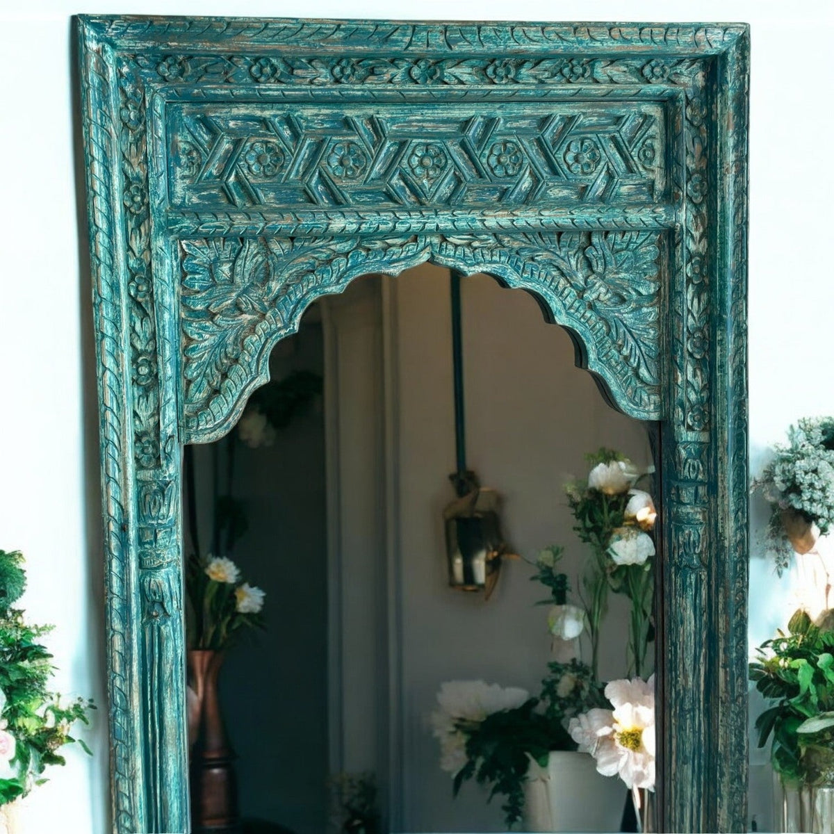 Hand carved Indian wall mirror in distressed finish, antique farmhouse style, large wooden frame, perfect for living room, bedroom, or bathroom decor