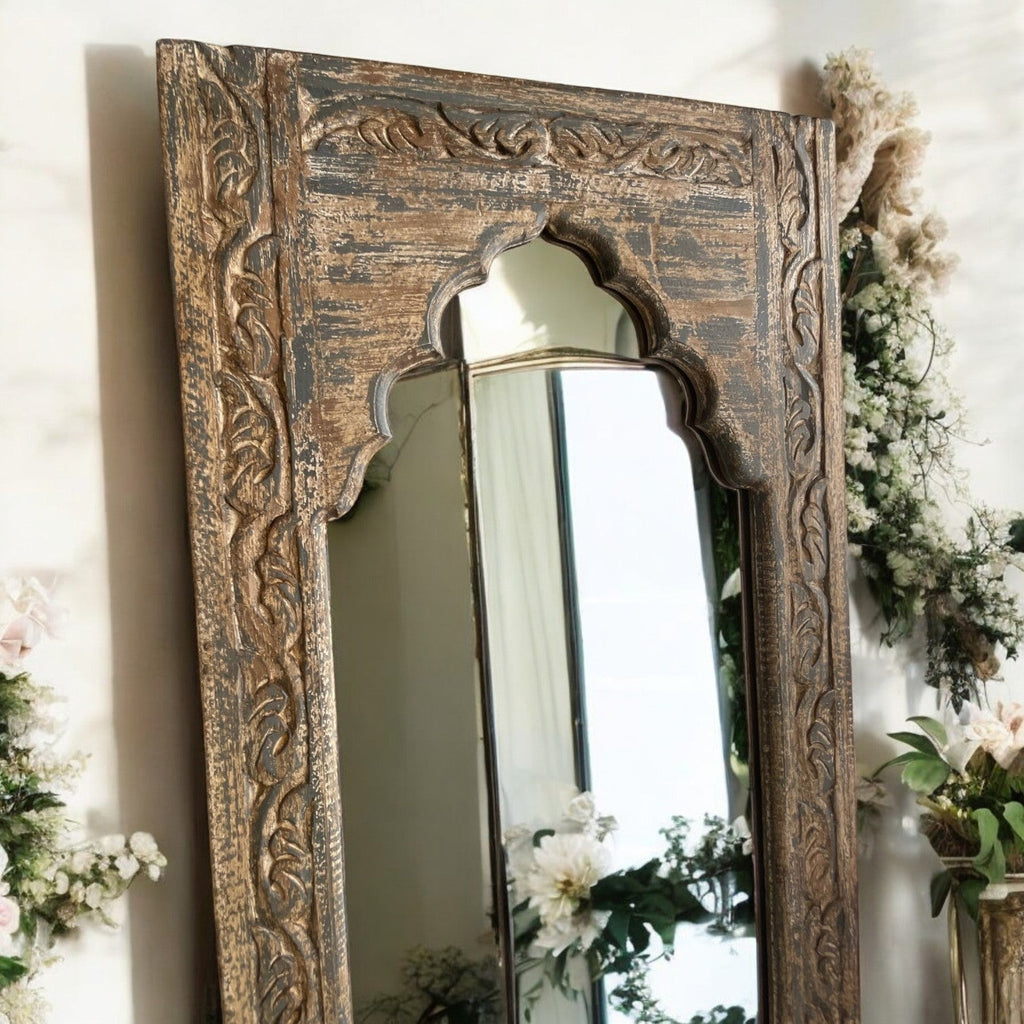 Hand carved single jharokha vanity mirror with wooden frame, large farmhouse-style mirror perfect for full-length and wall mirror use in the bedroom or bathroom. Hand Carved Single Jharokha Vanity Mirror – Large Wooden, Farmhouse, and Full-Length Mirror for Bedroom, Living Room, or Bathroom