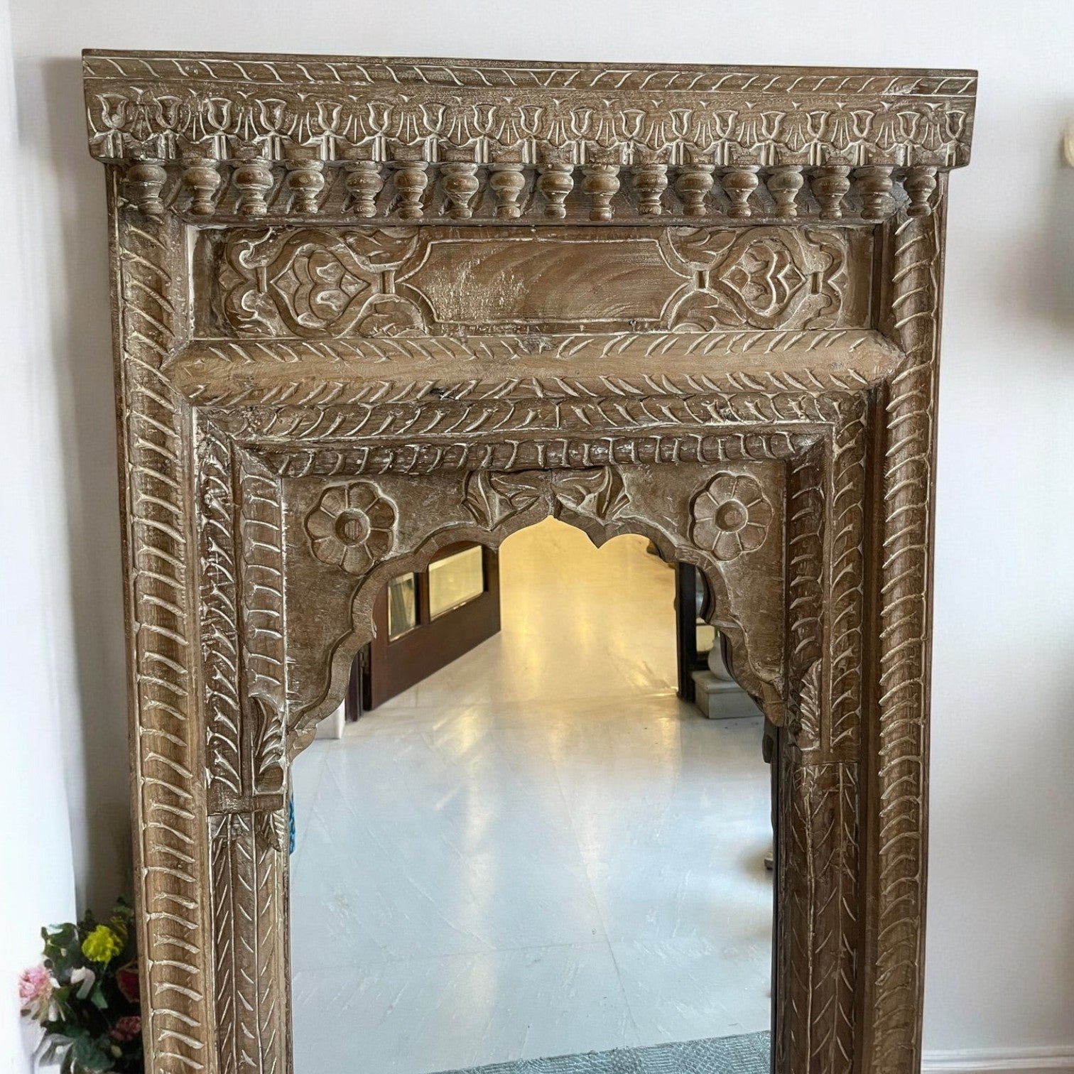 "Hand-carved Indian Jharokha wall mirror with antique wooden frame, rustic farmhouse style, ideal for living room, bedroom, or entryway decor.