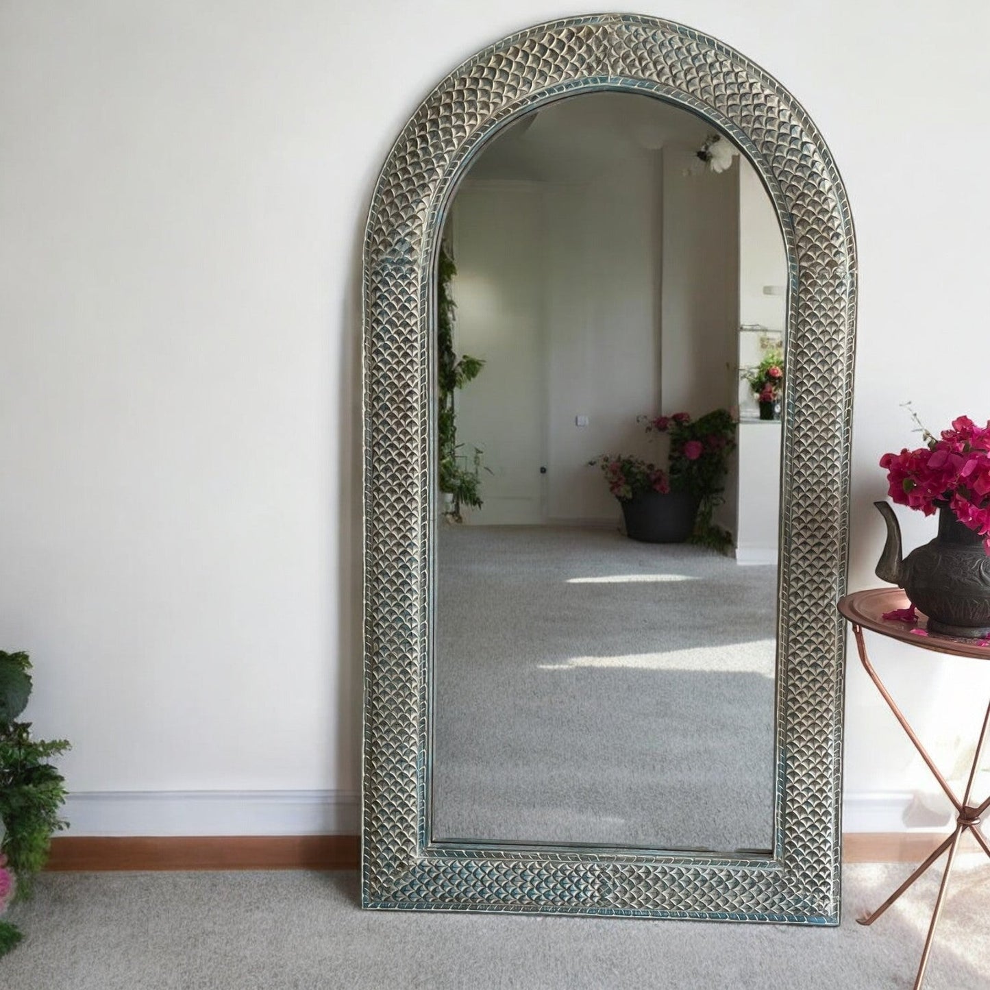 Large Hand-Carved Indian Wall Mirror in Distressed Finish – Rustic Farmhouse Decorative Mirror for Living Room or Bedroom  Hand-carved Indian wall mirror with distressed wooden finish, rustic farmhouse design, perfect as a vintage wall decor or large full-length mirror for living rooms, bedrooms, or bathrooms