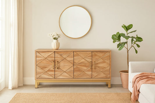 Wooden sideboard in a living room with a mirror, plant, and vase.