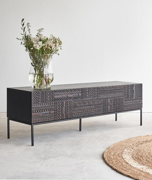 Tribal Heritage Hand-Carved Solid Wood Media Console