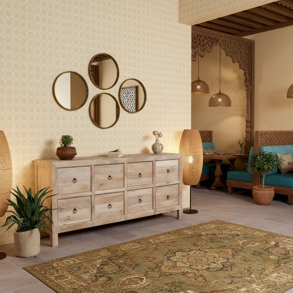 Living room with wooden sideboard, decorative mirrors, and a patterned rug.