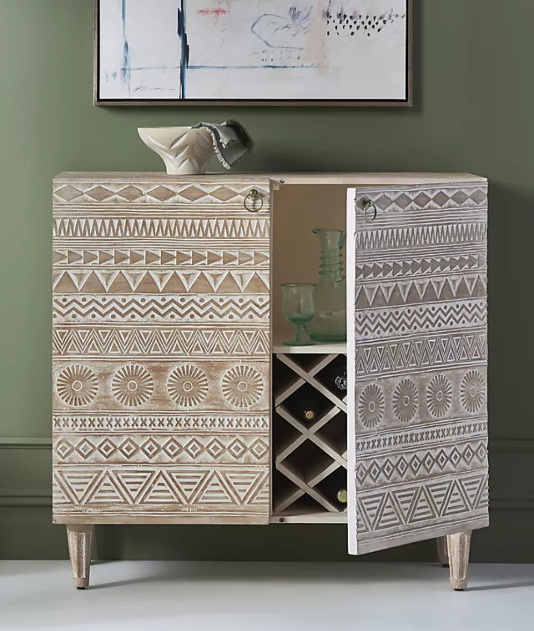 Apollo Hand-Carved Mango Wood Bar Cabinet – Tribal Geometric Carved Drinks Cabinet, Wine Storage & Home Bar Furniture