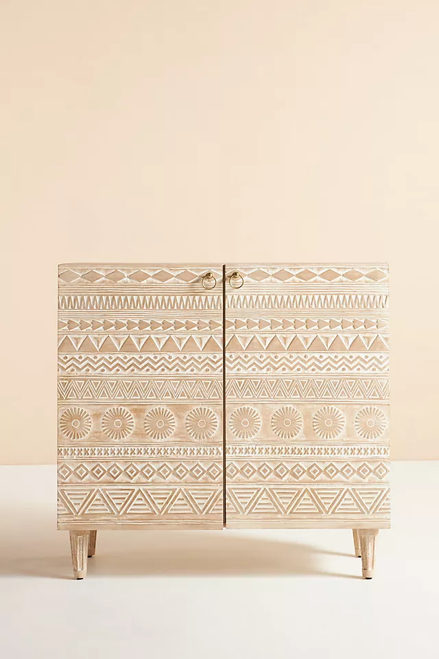 Apollo Hand-Carved Mango Wood Bar Cabinet – Tribal Geometric Carved Drinks Cabinet, Wine Storage & Home Bar Furniture