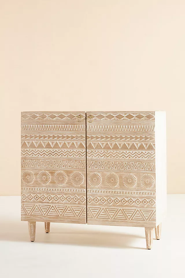 Apollo Hand-Carved Mango Wood Bar Cabinet – Tribal Geometric Carved Drinks Cabinet, Wine Storage & Home Bar Furniture