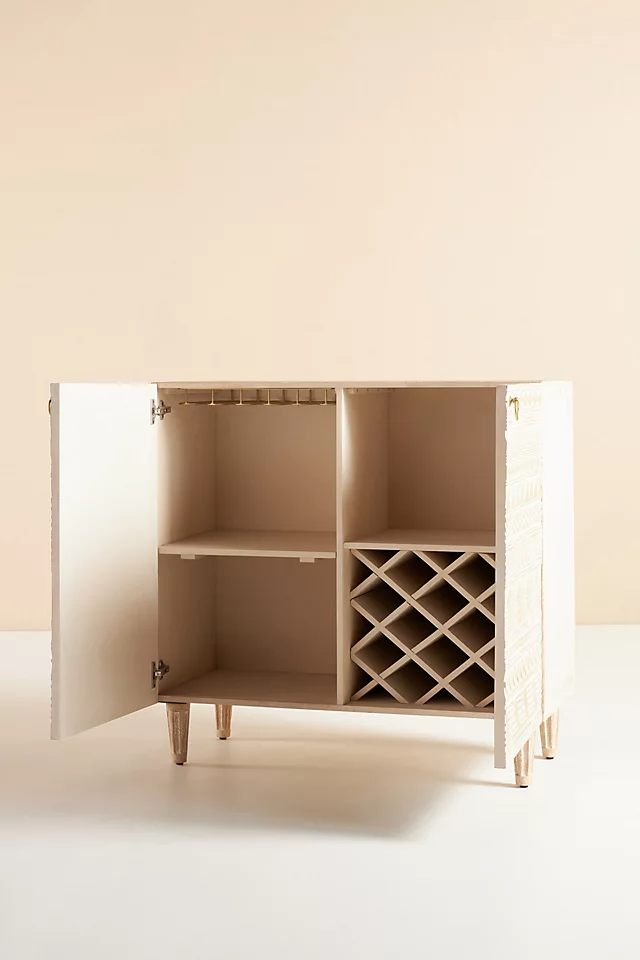 Apollo Hand-Carved Mango Wood Bar Cabinet – Tribal Geometric Carved Drinks Cabinet, Wine Storage & Home Bar Furniture