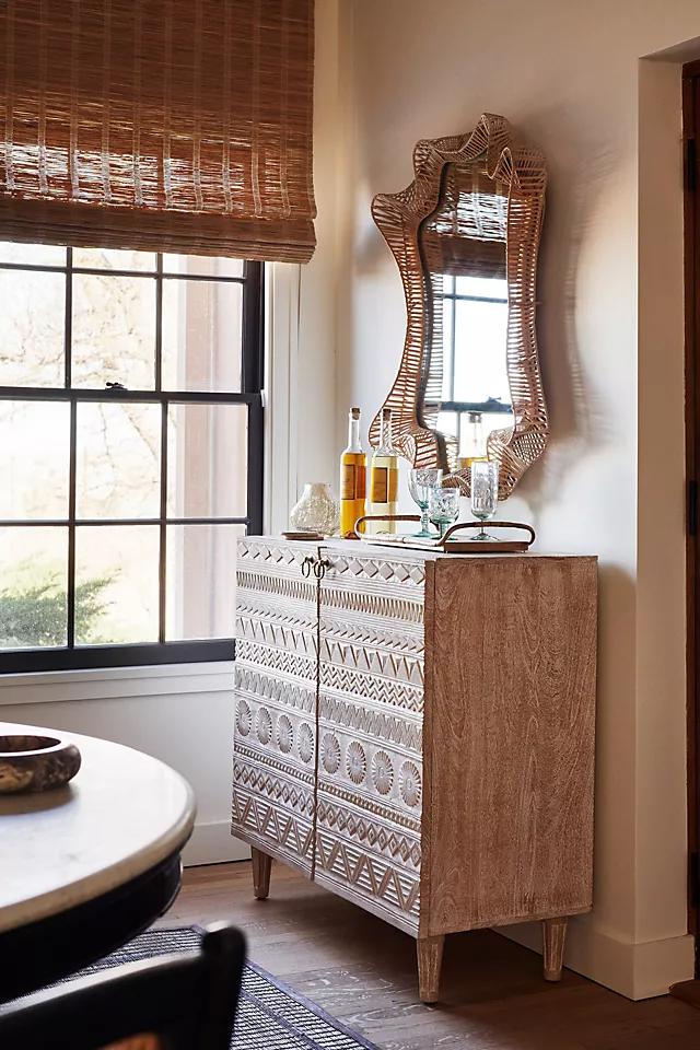 Apollo Hand-Carved Mango Wood Bar Cabinet – Tribal Geometric Carved Drinks Cabinet, Wine Storage & Home Bar Furniture