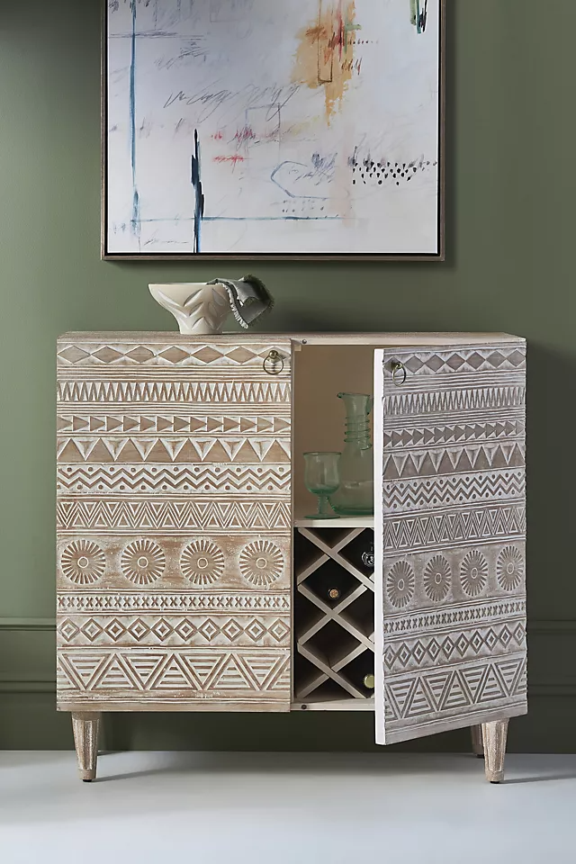 Apollo Hand-Carved Mango Wood Bar Cabinet – Tribal Geometric Carved Drinks Cabinet, Wine Storage & Home Bar Furniture