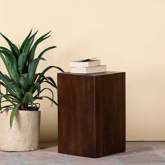 Wooden side table with a plant and books against a beige wall