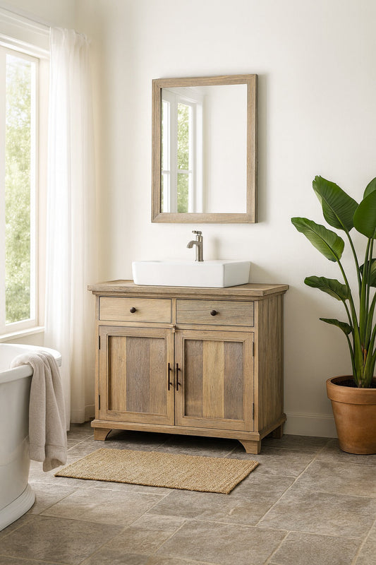 Bathroom with wooden vanity, sink, mirror, and plant