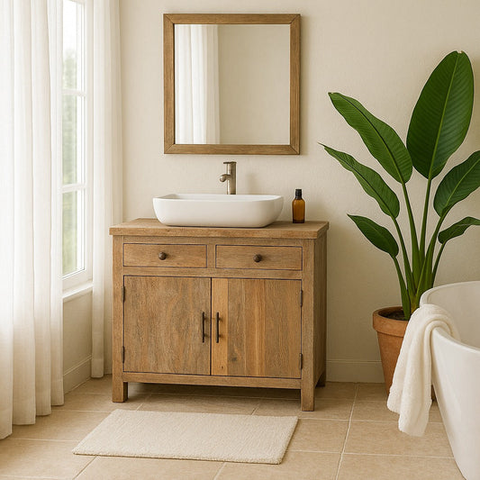 Bathroom with wooden vanity, sink, mirror, and plant