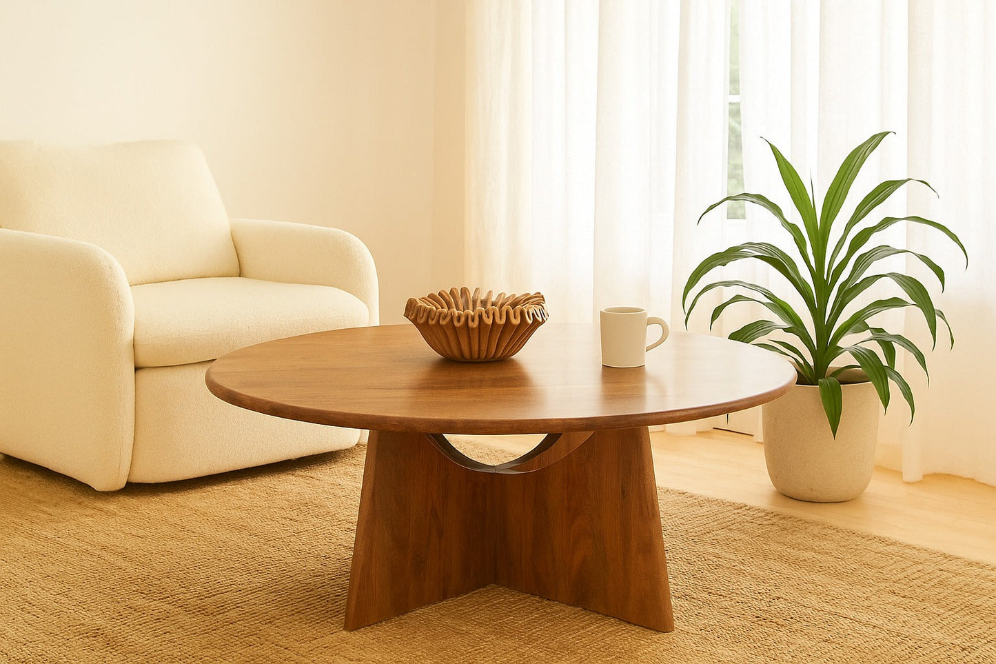 Wooden coffee table with a bowl and mug in a living room setting