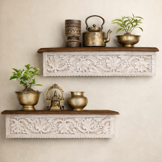 Whitewashed carved wooden wall shelf with walnut top, handcrafted floral design floating shelf