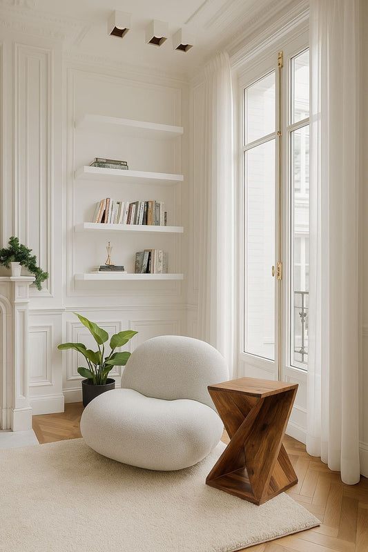 Modern living room with a white armchair, wooden stool, and shelves with books and decor.