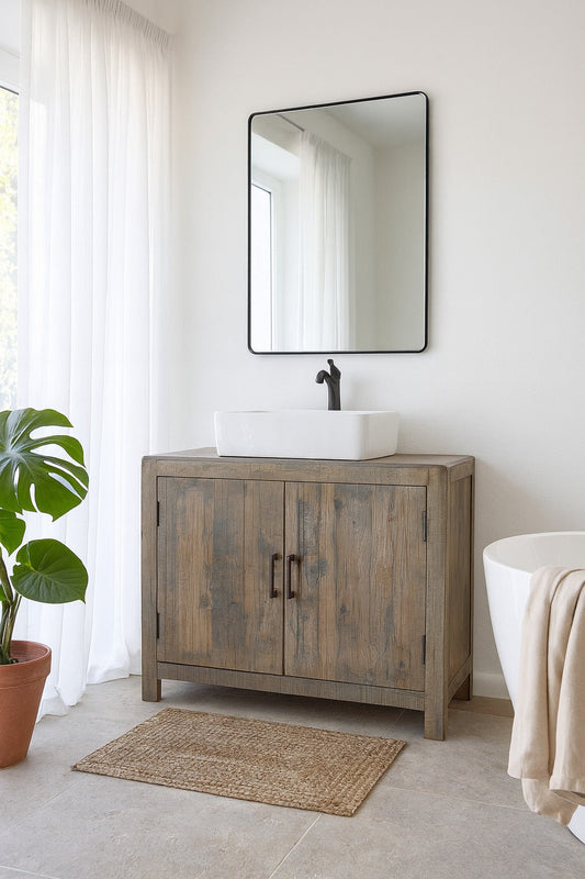 Bathroom with wooden vanity, mirror, and bathtub.