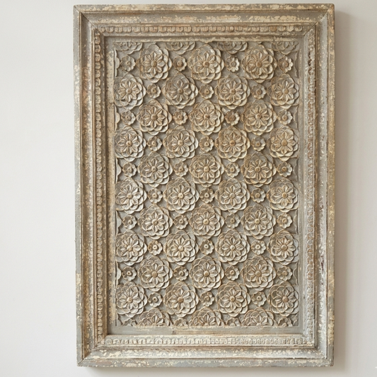 wall decor,
wooden wall decor,
vintage wall decor,
antique home decor,
wall art,
wall art for living room,
wall decals,
big wall art,
modern wall art, Hand-carved wooden wall panel with repeating floral motifs and distressed antique white finish, rectangular framed decorative panel for Indian home and living room wall decor