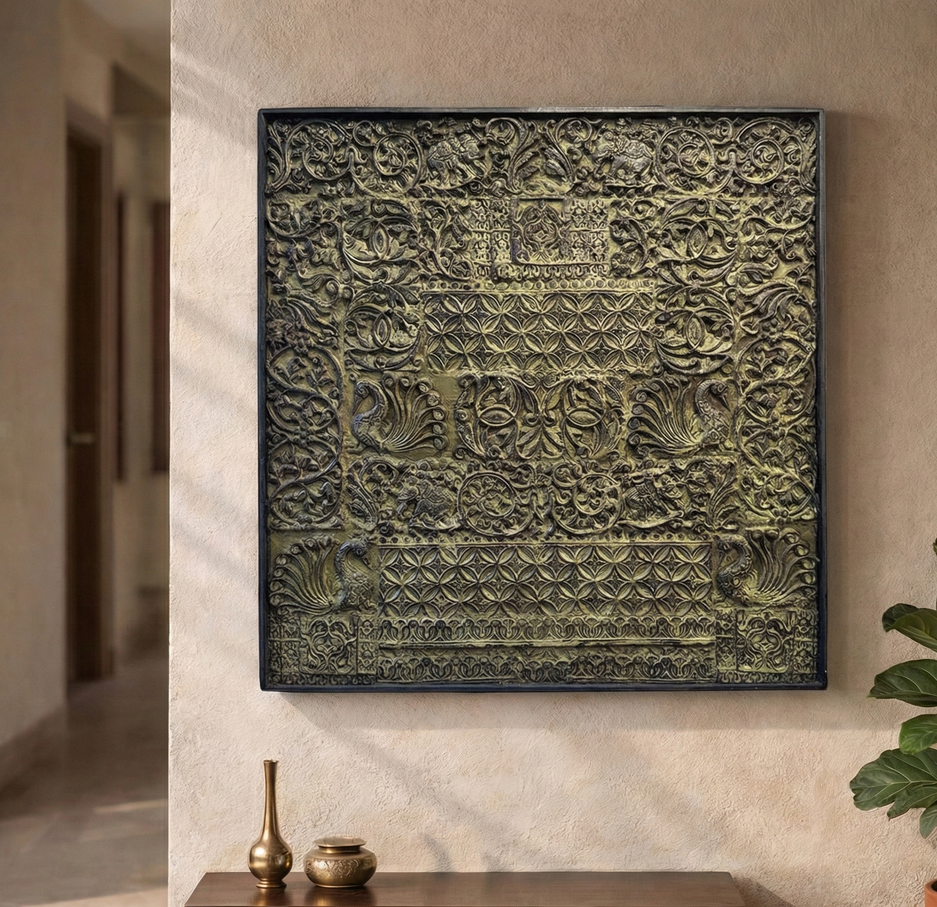 Hand-carved wooden wall panel with intricate traditional floral and geometric patterns, antique gold finish, square framed decorative panel for premium Indian home and living room wall decor , living room wall decor , vintage wall decor , antique home decor , wall decor panel