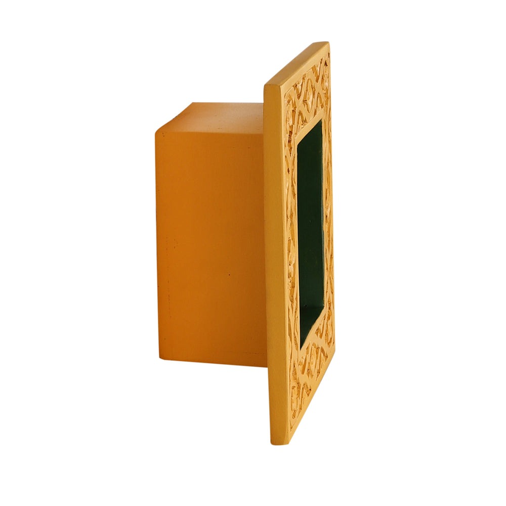 Brass idol wall shelf with a carved wooden base, offering a versatile storage solution for idols, artifacts, or books. This antique wall shelf is a perfect blend of utility and style, complementing vintage or modern interiors