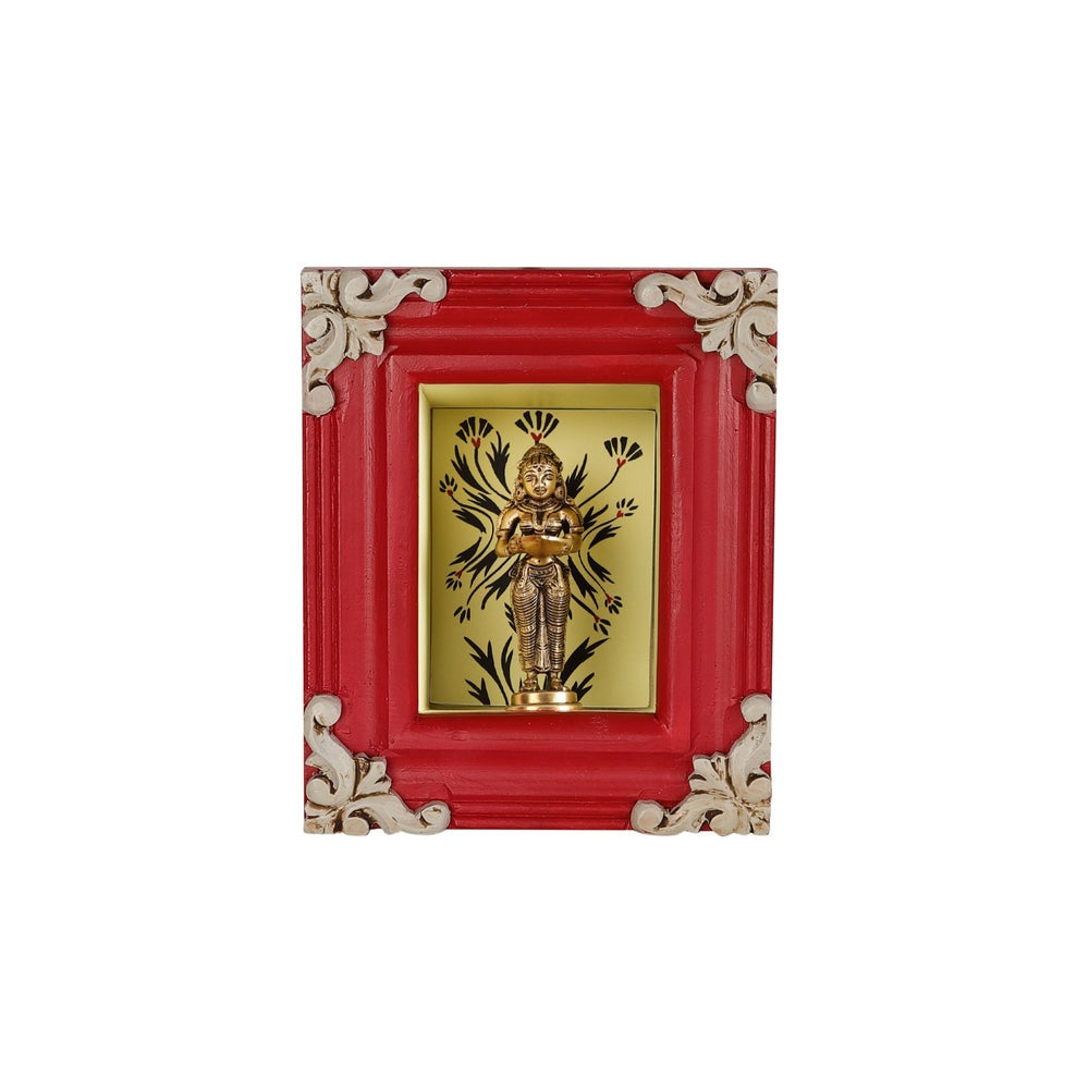 Wall-mounted brass and wooden shelf, designed for brass idols and other decorative items. The vintage-inspired design combines a brass-finished frame with a solid wood shelf for a rustic yet sophisticated look, perfect for pooja rooms or hallways