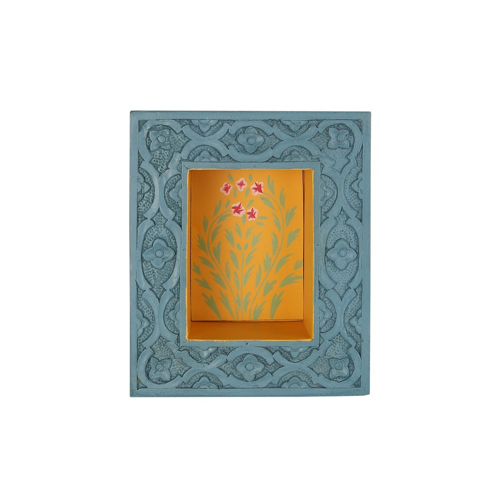 Wall-mounted brass and wooden shelf, designed for brass idols and other decorative items. The vintage-inspired design combines a brass-finished frame with a solid wood shelf for a rustic yet sophisticated look, perfect for pooja rooms or hallways.