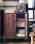 Hand-Carved Geometric Solid Wood Storage Cabinet with Brass Base