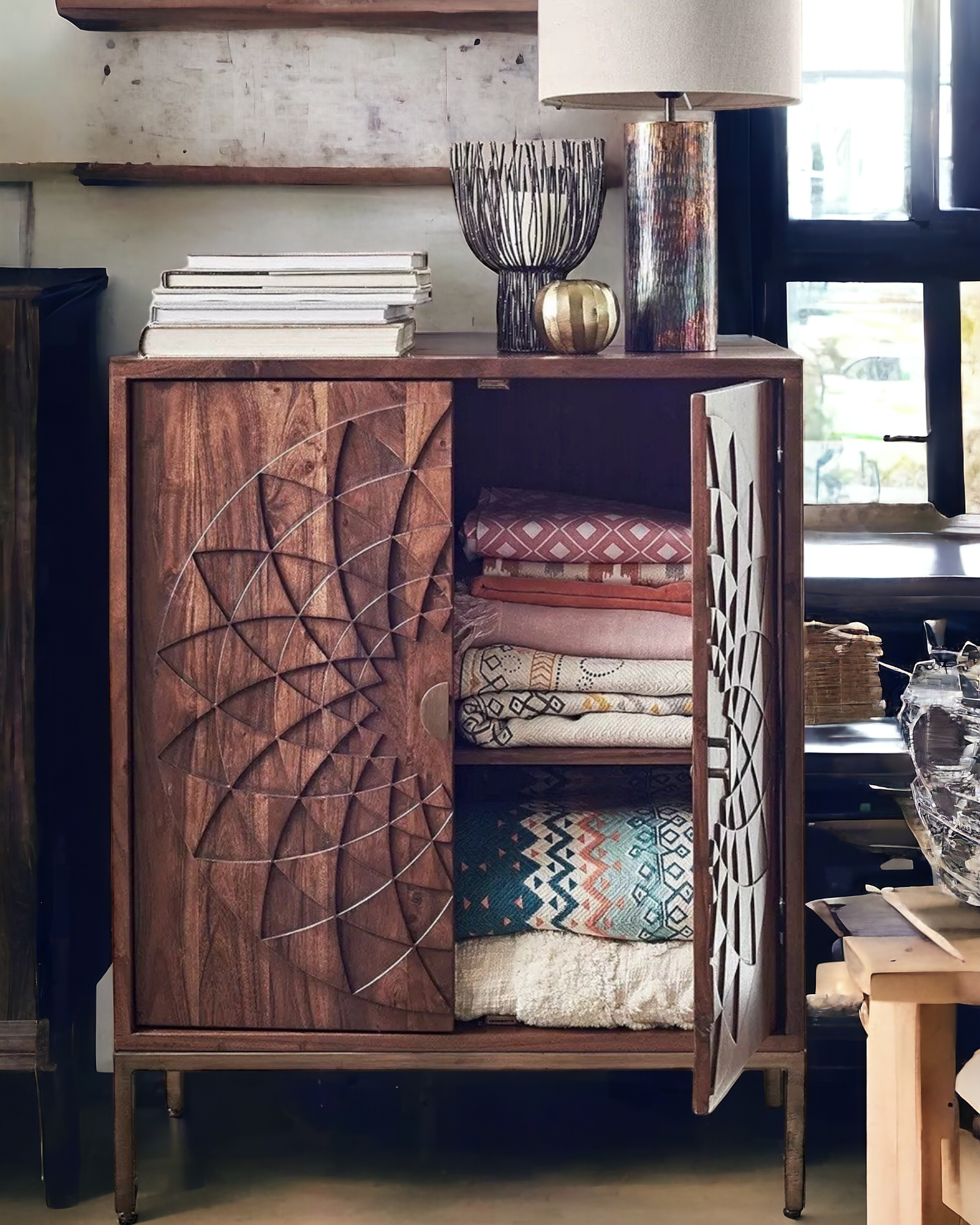 Hand-Carved Geometric Solid Wood Storage Cabinet with Brass Base