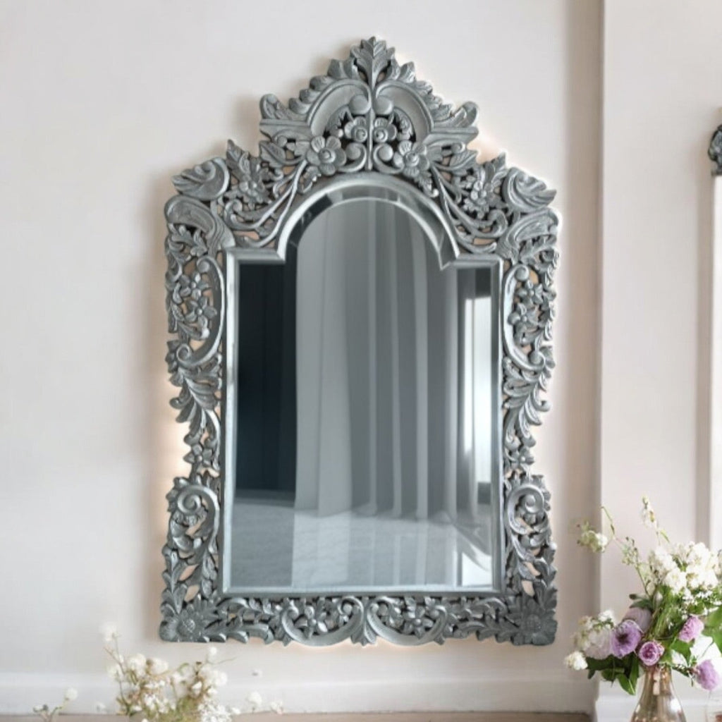 Hand-Carved European Style Mirror Frame – Long Farmhouse Wooden Wall Mirror, Vintage Decorative Large Bathroom Mirror, Rustic Antique Gold Mirror for Living Room or Bedroom