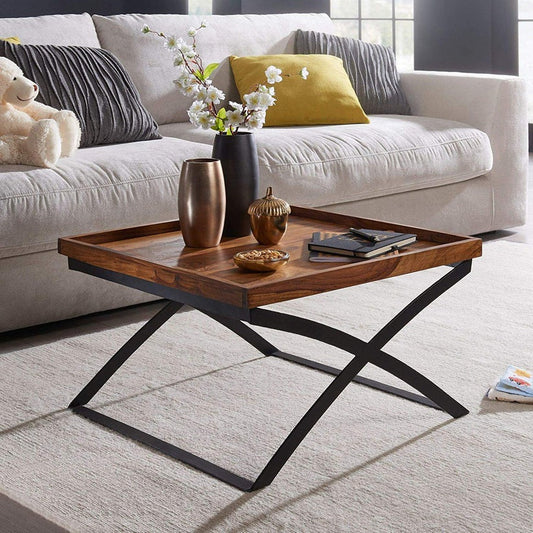 Solid Wood Tray-Top Coffee Table with Cross Metal Base