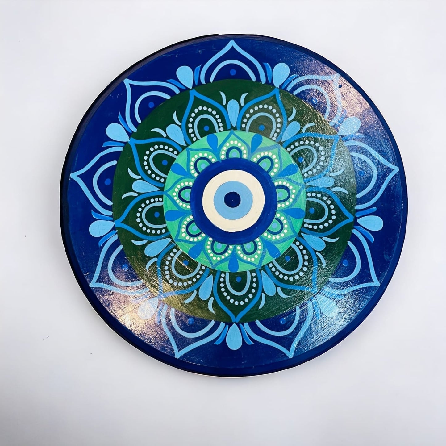 Blue Mandala Hand-Painted Wooden Side Table – Evil Eye Inspired Design