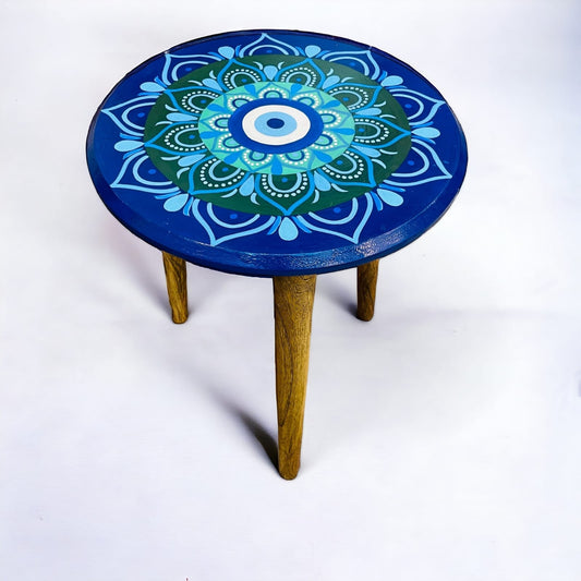 Blue Mandala Hand-Painted Wooden Side Table – Evil Eye Inspired Design
