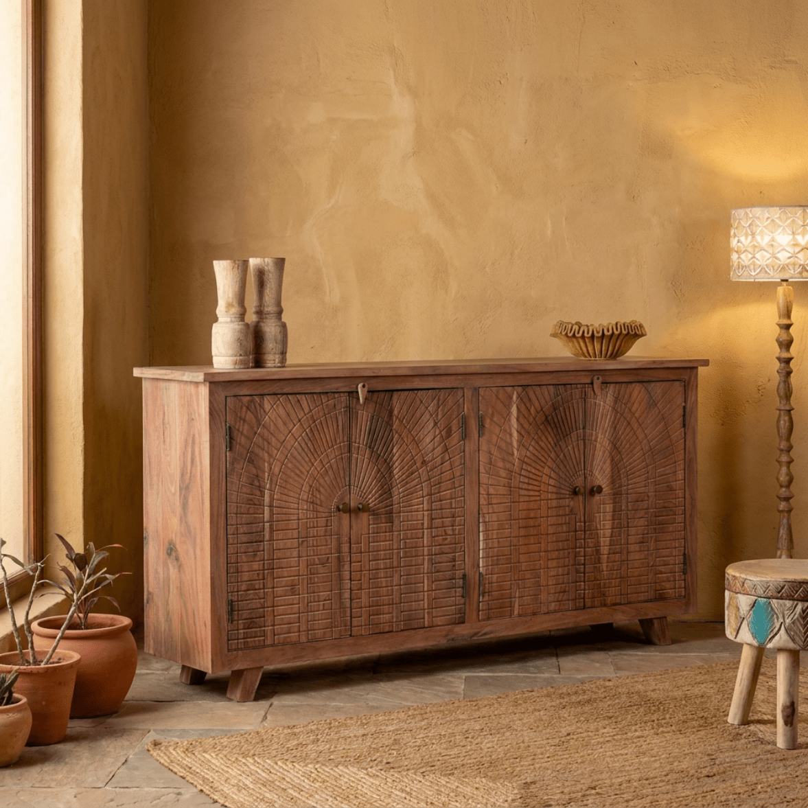 Aadrik Hand-Carved Acacia Wood Sideboard - DOBRI ARTS AU