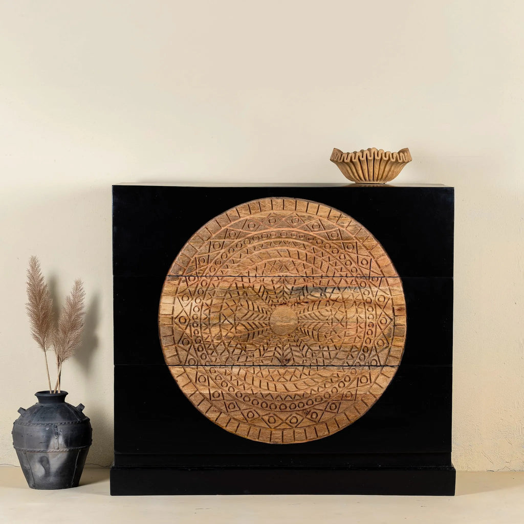 Aakav Black Mandala Carved Storage Cabinet - DOBRI ARTS AU