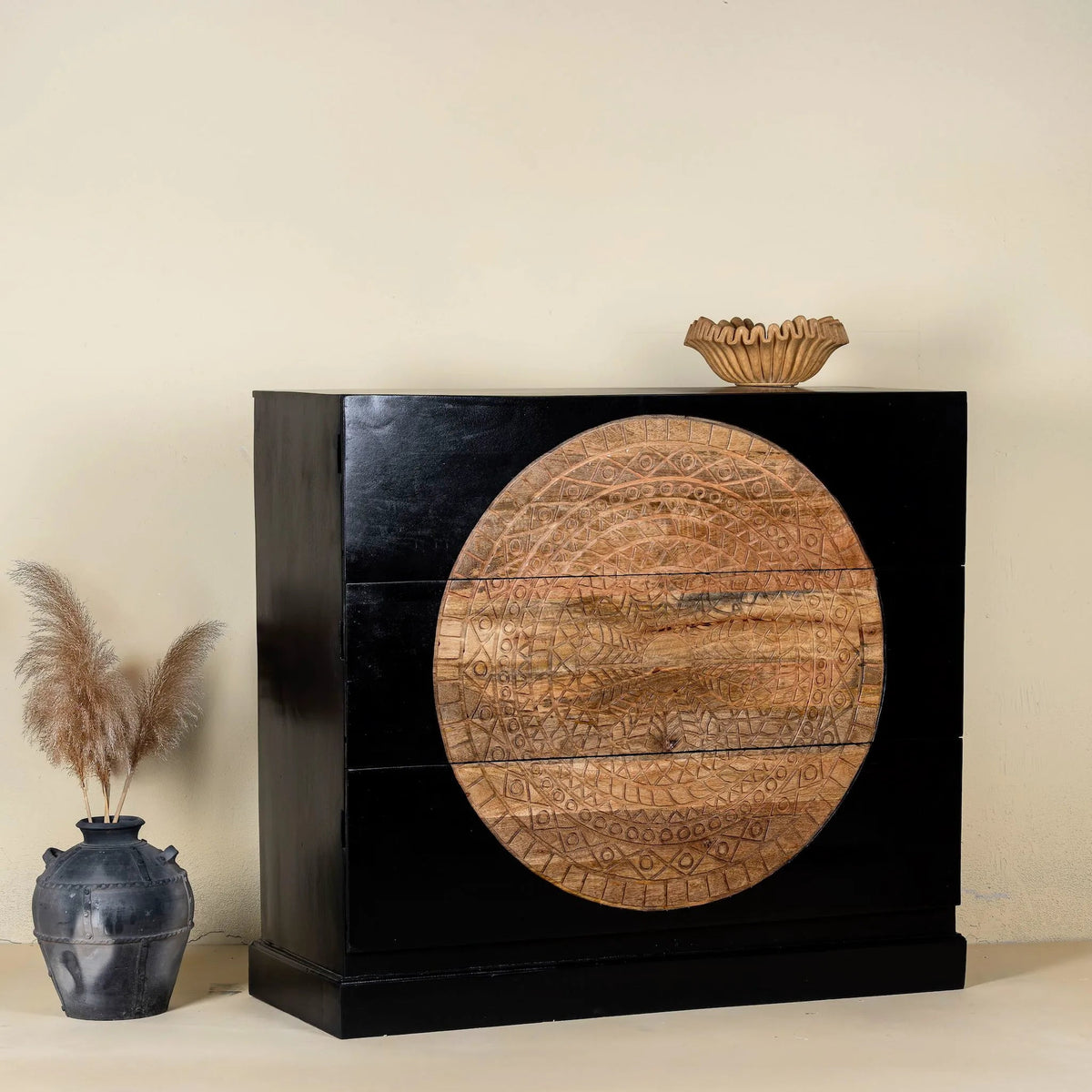 Aakav Black Mandala Carved Storage Cabinet - DOBRI ARTS AU