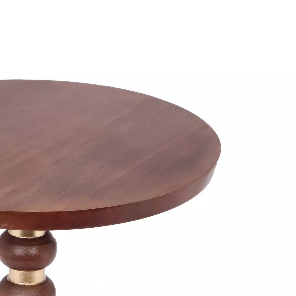Aarav Sculpted Solid Wood Side Table – Hand-Turned Beaded Accent Table with Brass Detail - DOBRI ARTS AU