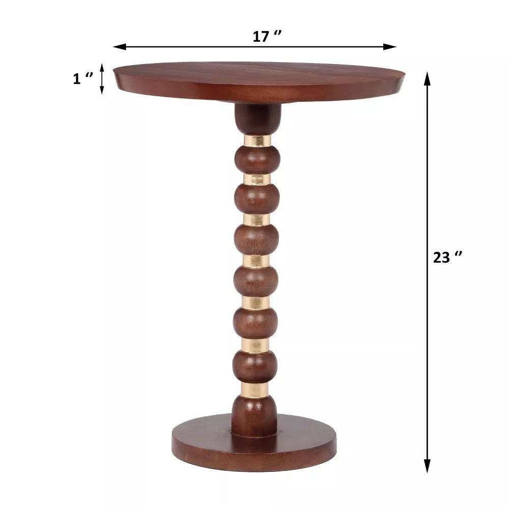Aarav Sculpted Solid Wood Side Table – Hand-Turned Beaded Accent Table with Brass Detail - DOBRI ARTS AU