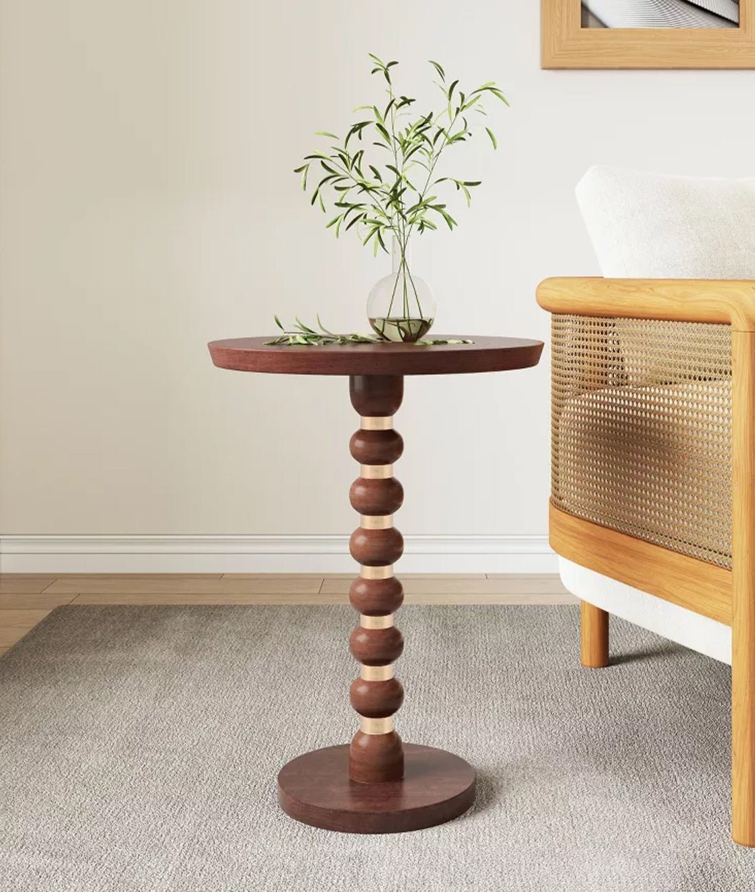 Aarav Sculpted Solid Wood Side Table – Hand-Turned Beaded Accent Table with Brass Detail - DOBRI ARTS AU