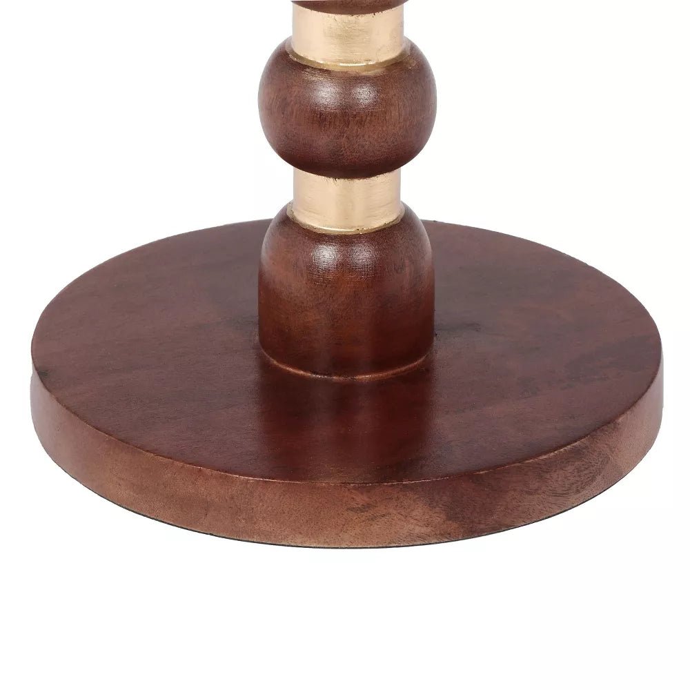 Aarav Sculpted Solid Wood Side Table – Hand-Turned Beaded Accent Table with Brass Detail - DOBRI ARTS AU