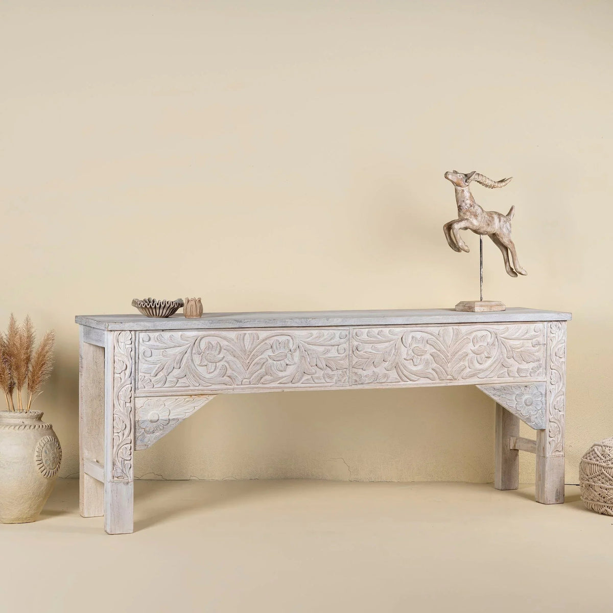 Aariv Hand-Carved Whitewash Console Table - DOBRI ARTS AU