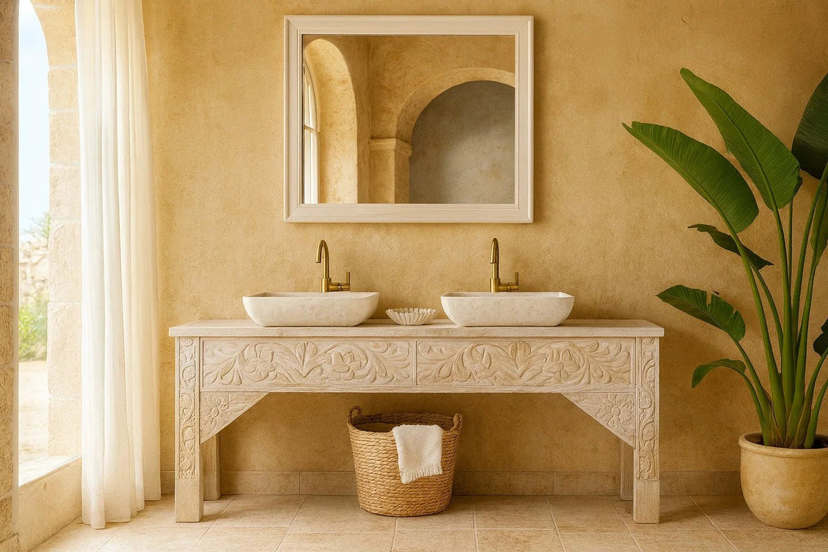 Aariv Hand-Carved Whitewash Console Table - DOBRI ARTS AU
