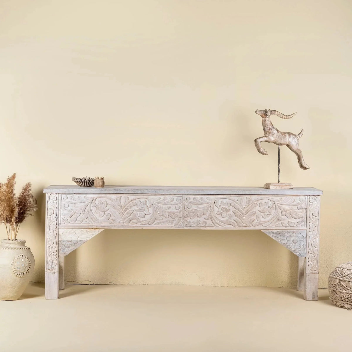 Aariv Hand-Carved Whitewash Console Table - DOBRI ARTS AU