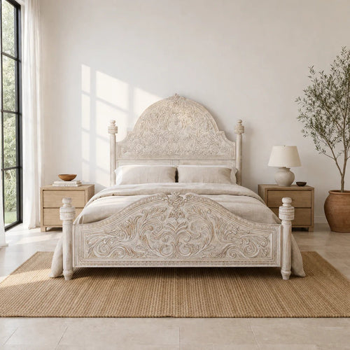 Aarohi Hand-Carved Whitewashed Panel Bed (King Size) - DOBRI ARTS AU